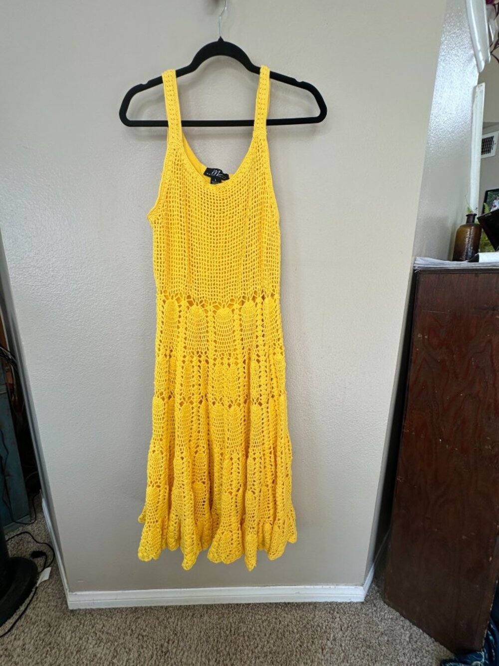 Midnight Velvet Yellow Crochet Sleeveless Midi Dress Womens 100% Cotton L Summer